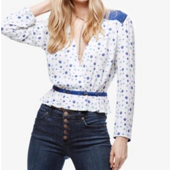 Free People Tops - Free People Where We Roam Blouse in Ivory and Blue